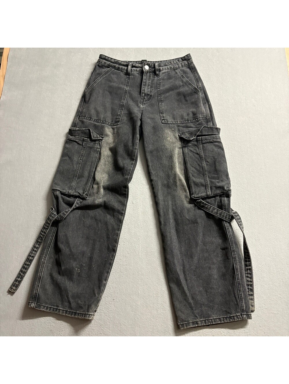 Charlotte Russe Cargo Pants Womens Small Black Denim Wide Leg Utility Strap Y2K